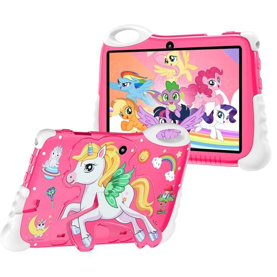 Tablet per bambini 7" HD con Android 14, protezione occhi e batteria 10000 mAh, Unicorno rosa
