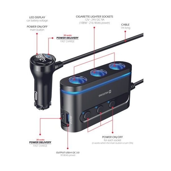 Avto adapter Swissten z izhodom 3x CL, 2x UCB-C PD in 1x USB-A QA 3.0, 108W - 216W