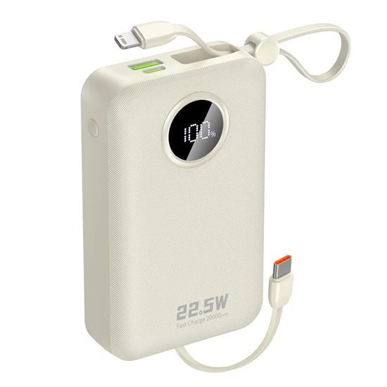 Dudao K14+ powerbanka ar iebūvētiem kabeļiem 20000mAh 22.5W – balta