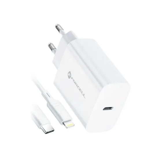 Forcell hálózati töltő USB-C csatlakozóval és Lightning kábellel, 3A, 20W, PD és QC 4.0 töltési funkcióval, 1,2 m