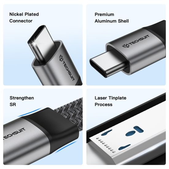 Techsuit Premium datu kabelis ElysiumSync Pro (CX1) USB-C uz USB-C, PD 240 W, 1 m – pelēks