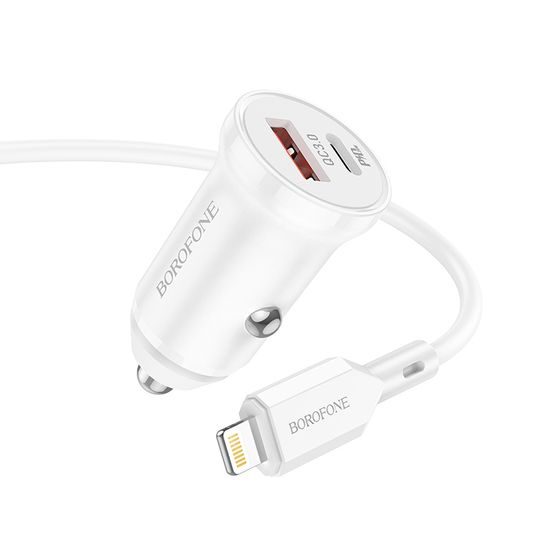 Borofone BZ18A polnilec za avto - USB-C + USB - PD 20W QC 3.0 18W z USB-C kablom - Lightning, bela