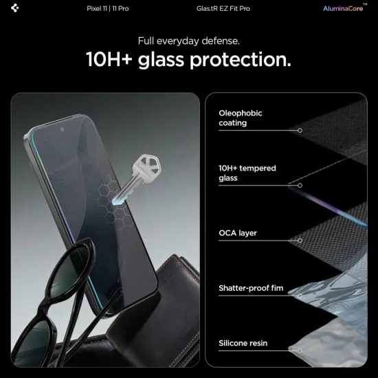 Google Pixel 11 / 11 Pro aizsargstikls – Spigen Glas.TR EZ Fit Pro rūdītā stikla komplekts 2 gab. ar uzstādīšanas rāmi