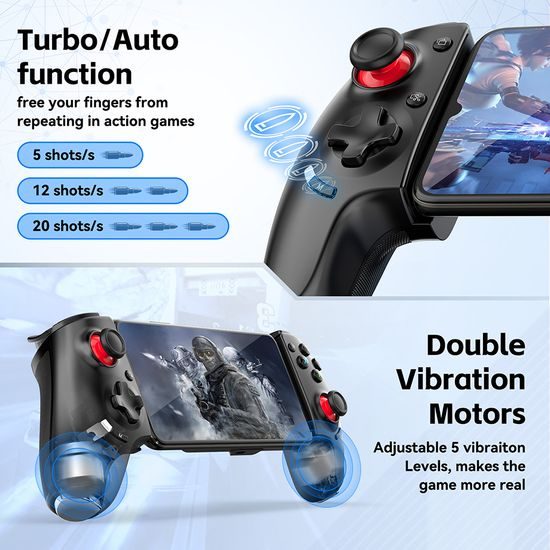 AB02 Ασύρματο τηλεσκοπικό gamepad με Hall joysticks, λειτουργία Turbo και προγραμματιζόμενα κουμπιά, μαύρο