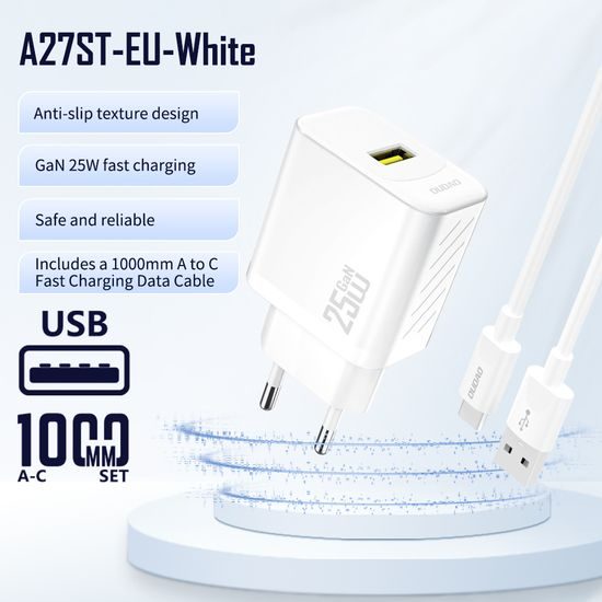Dudao A27STEU polnilnik USB-A + kabel USB-A - USB-C, 25W GaN, bela