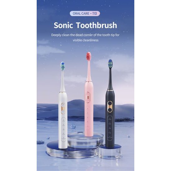 Sonisk elektrisk tandbørste med sæt på 8 børstehoveder, 42.000 vibrationer/min, 5 tilstande - Lyserød
