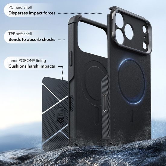 iPhone 17 Pro / 18 Pro vāciņš – ESR Cyber Armor Kickstand ar statīvu – melns