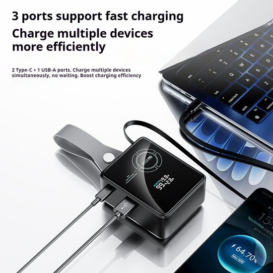 Powerbank για laptops 65W PD με συρόμενο καλώδιο USB-C και ψηφιακή οθόνη, 20000 mAh, μπλε