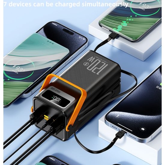 Powerbank 80.000 mAh, 120W PD + QC, 4 USB + 2 Kabel, LED-Licht, weiß