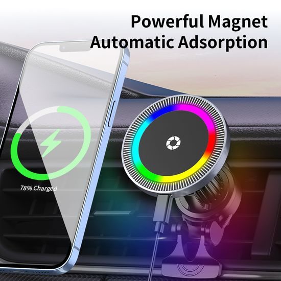 15W RGB MagSafe brezžična polnilka za avto z ventilacijskim pritrjevanjem in USB-C vhodom, črna