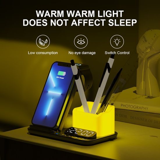 DeskCharge Station Pro Πολυλειτουργικός σταθμός ασύρματης φόρτισης 5 σε 1 με ρολόι και οργανωτή, λευκό