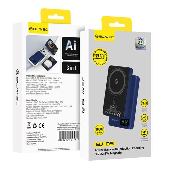 Powerbank Blavec BJ-03 Slim 3w1 MagSafe USB-C, 10000mAh, 22,5W, niebieski