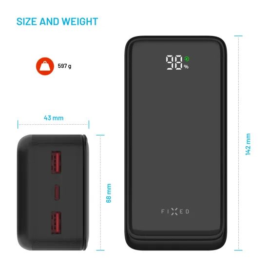FIXED Zen2 30 powerbank LCD kijelzővel, 30 000 mAh, PD 20W, fekete