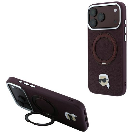 Karl Lagerfeld Leather Ring Stand 360 KC Pin MagSafe ümbris iPhone 17 Pro Max / 18 Pro Max – veininpunane