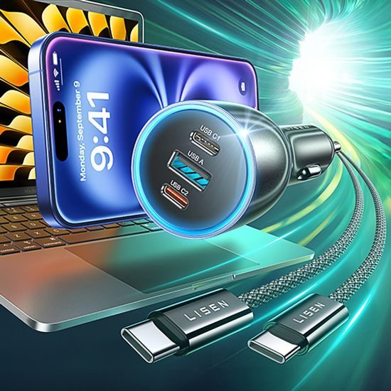 Lisen Avtopolnilec USB-A + USB-C s USB-C kablom, 170 W, GaN, 12V/24V, 1 m, črn