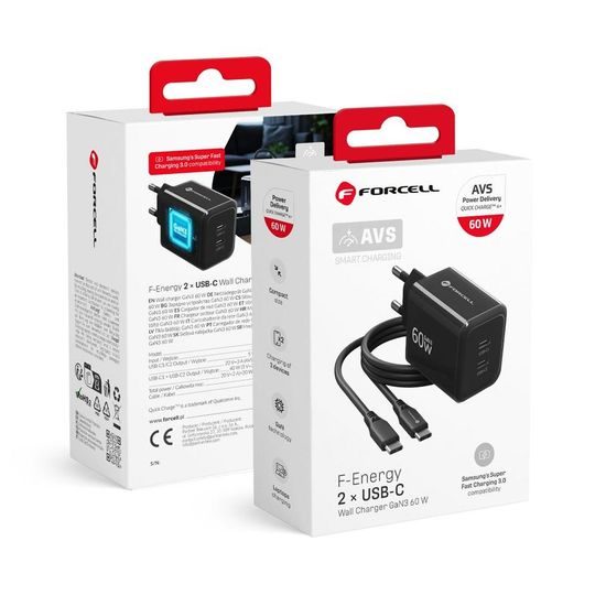 Forcell F-Energy GaN III Ladegerät - 2x USB-C 60W - mit USB-C auf USB-C Kabel - Schwarz