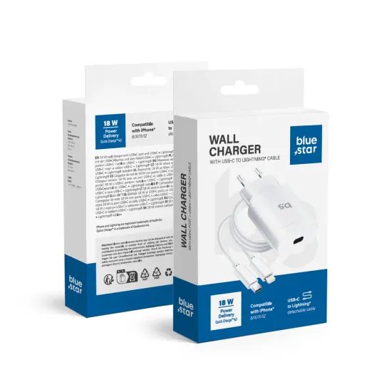 BlueStar φορτιστής USB-C + καλώδιο USB-C - Lightning, λευκό