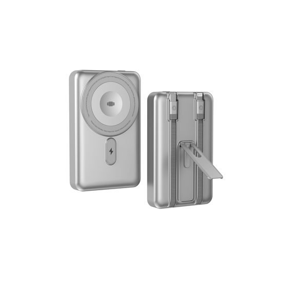 MagSafe power bank με φόρτιση Apple Watch, με βάση στήριξης και ενσωματωμένα καλώδια USB-C και Lightning, 5000 mAh, ασημί