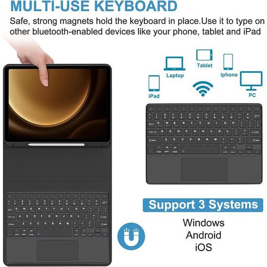 JP Magnetische Schutzhülle mit Bluetooth-Tastatur, Touchpad, Beleuchtung und Stylus-Halter für Samsung Galaxy Tab S8 Ultra / S9 Ultra / S10 Ultra - Schwarz