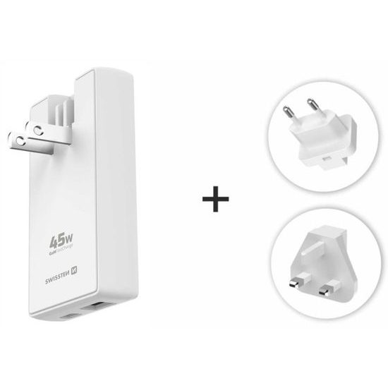 Swissten ταξιδιωτικός προσαρμογέας GaN USB-C + USB, 45W, λευκός