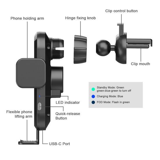 Βάση τηλεφώνου αυτοκινήτου για ταμπλό και αεραγωγό με ασύρματη φόρτιση, 15W, Qi, C20