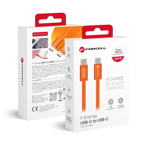 Cablu Forcell F-Energy USB-C - USB-C, QC4.0, PD, 5A, 100W, 1,2 m, portocaliu