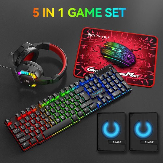 T-WOLF TF880 RGB Gaming Set 5in1 (Tastatur, Maus, Headset, Mauspad + Lautsprecher)