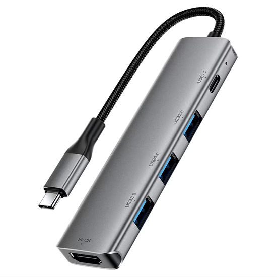Acefast 5-in-1 Adapter (J16) - USB-C naar 3x USB 3.0, USB-C PD 90W, HDMI 4K@60Hz - Plug & Play - Grijs