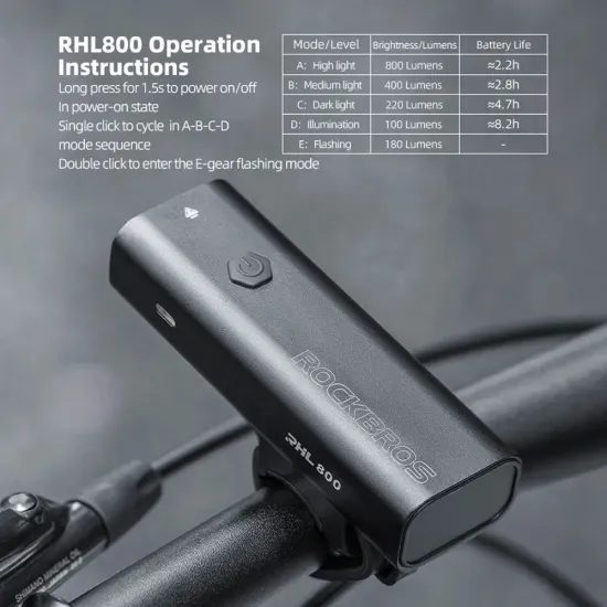 Rockbros Sprednja kolesarska luč 800 lm, črna
