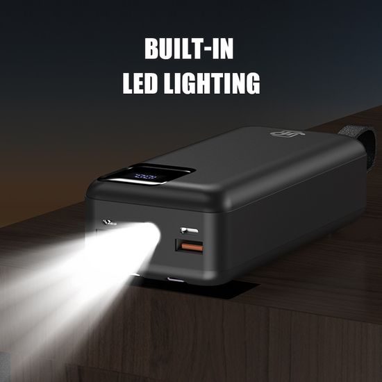 JP Powerbank z dvema vgrajenima kabloma, 30000 mAh, USB-C + Lightning, z LED lučko, PD 22,5W, črna