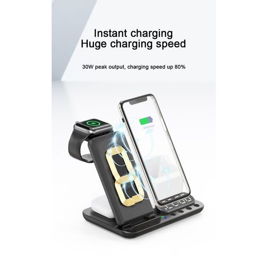 DeskCharge Station Pro Πολυλειτουργικός σταθμός ασύρματης φόρτισης 5 σε 1 με ρολόι και οργανωτή, μαύρο