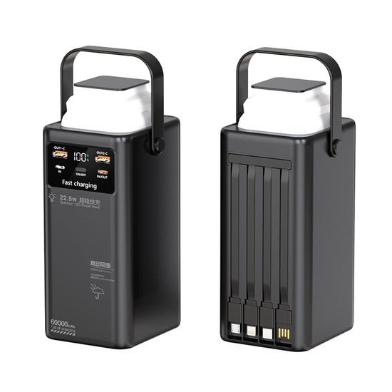 Power Bank 60.000mAh με 4 ενσωματωμένα καλώδια, 2x USB-A, 1x USB-C, PD, QC 3.0, LED φως camping, μαύρο