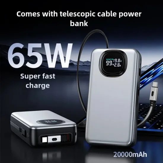 Power Bank 20.000 mAh για Laptop με PD 65W, Ενσωματωμένο Συρόμενο Καλώδιο USB-C και Lightning, Γκρι