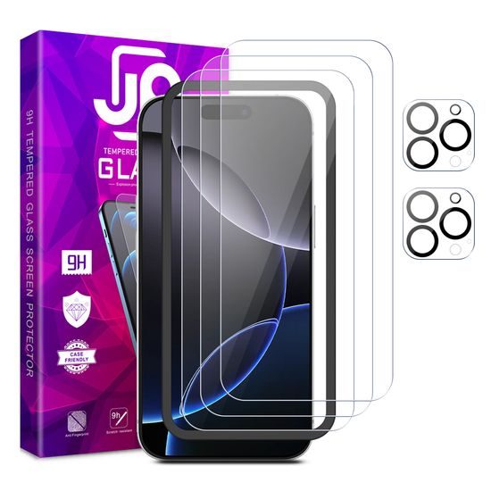 JP Mega Pack Szkło hartowane, 3 szkła na telefon z aplikatorem + 2 szkła na obiektyw, iPhone 16 Pro Max