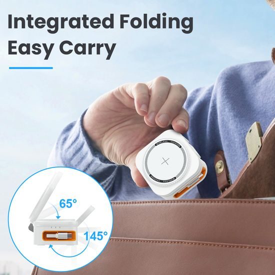 Caricatore wireless 4in1 per telefono, orologio, auricolari, con cavo USB-C retrattile, Qi, 25W, bianco