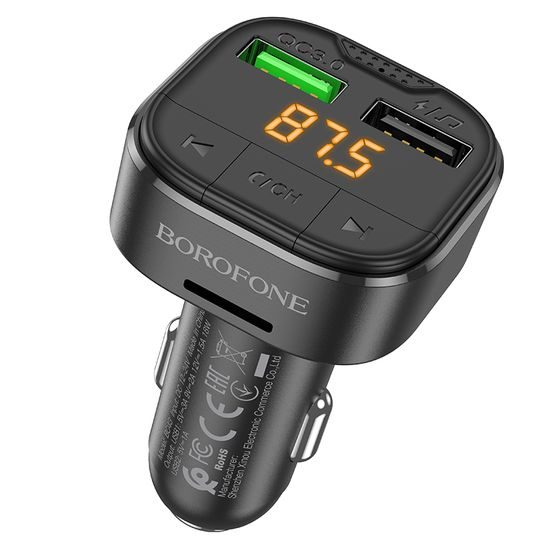 Borofone BC43 FM adó Flash MP3, Bluetooth, 2x USB + MicroSD, QC 3.0, 18W, fekete
