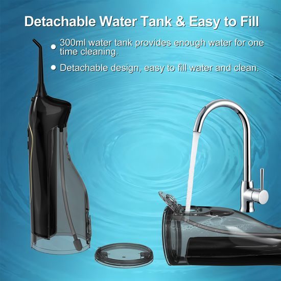 Bezprzewodowy irygator dentystyczny z zestawem końcówek, 4 tryby, zbiornik 300 ml, USB-C, czarny