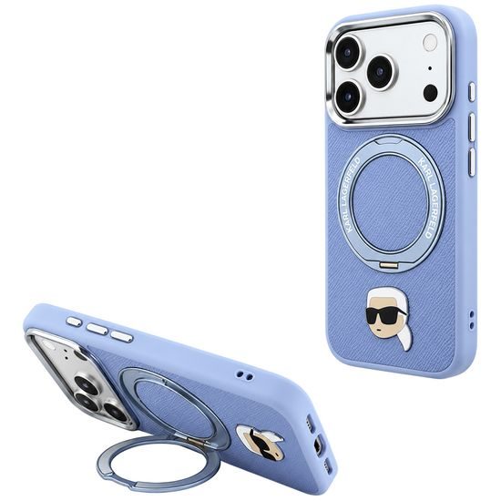 Karl Lagerfeld Leather Ring Stand 360 K Pin MagSafe ümbris iPhone 17 Pro Max / 18 Pro Max – sinine