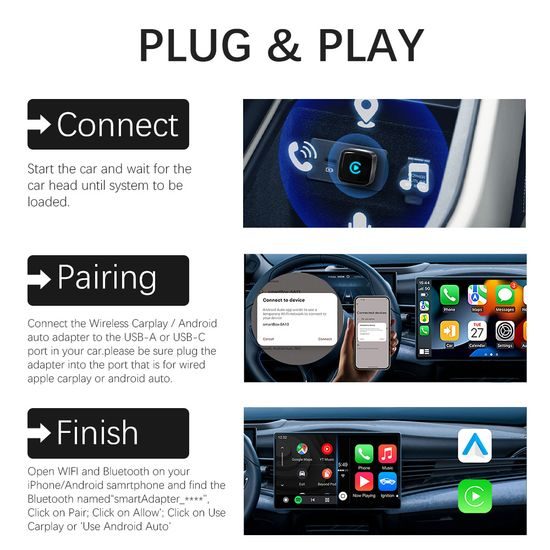 Ασύρματος Προσαρμογέας για CarPlay και Android Auto, Plug & Play, Αλουμίνιο, CA29