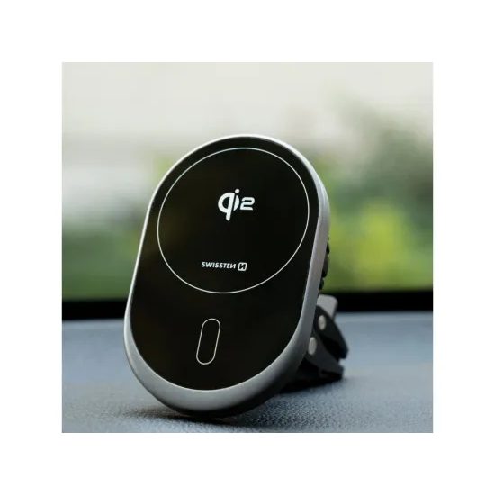 Swissten βάση αυτοκινήτου με ασύρματη φόρτιση Qi2, μαύρη
