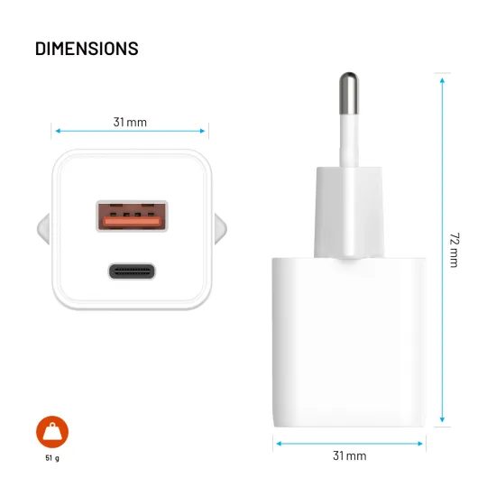 Hálózati töltő FIXED Mini GaN, USB-C + USB, PD 30W, fehér