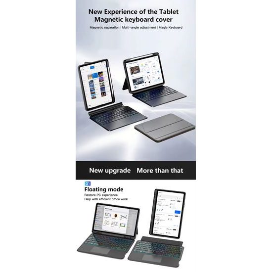 JP Μαγνητική θήκη με αποσπώμενο πληκτρολόγιο Bluetooth, touchpad, οπίσθιο φωτισμό, περιστρεφόμενη βάση και θήκη για stylus, Samsung Galaxy Tab S9+ / S10+ / S7 FE / S9 FE+, μαύρη
