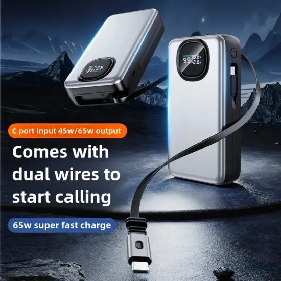 Power Bank 20.000 mAh για Laptop με PD 65W, Ενσωματωμένο Συρόμενο Καλώδιο USB-C και Lightning, Γκρι