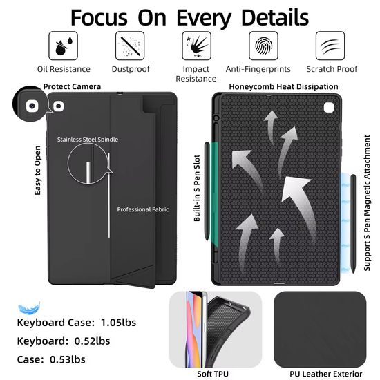 JP Μαγνητική θήκη με αποσπώμενο πληκτρολόγιο Bluetooth, touchpad, οπίσθιο φωτισμό, περιστρεφόμενη βάση και θήκη για stylus, Samsung Galaxy Tab S9+ / S10+ / S7 FE / S9 FE+, μαύρη