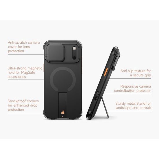 Husă Suritch AirBounce Bumper MagSafe Kickstand CamProtector, iPhone 17 Pro Max / 18 Pro Max, negru