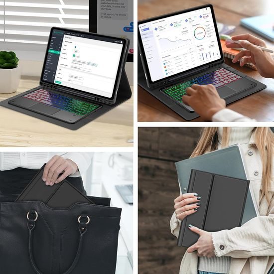 JP Magnetische Schutzhülle mit Bluetooth-Tastatur, Touchpad, Beleuchtung und Stylus-Halter für Samsung Galaxy Tab S8 Ultra / S9 Ultra / S10 Ultra - Schwarz