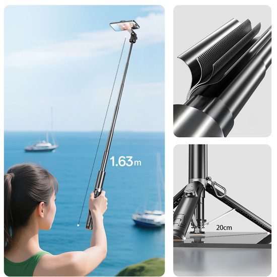 Blavec MagSafe Selfie Stick met Automatische Uitschuiving, Statief en Bluetooth Afstandsbediening - 160 cm - Zwart