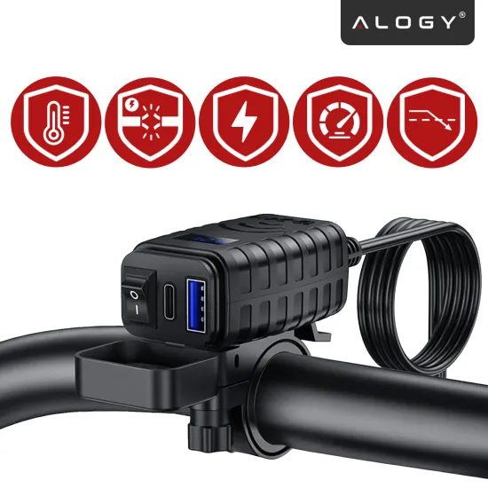 Alogy MotoCharge Pro™ 36W Motorrad Ladegerät mit Display - USB-A + USB-C - 36W PD + QC 3.0 - Schwarz