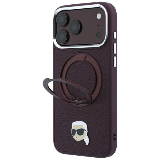 Karl Lagerfeld Leather Ring Stand 360 KC Pin MagSafe ümbris iPhone 17 Pro Max / 18 Pro Max – veininpunane