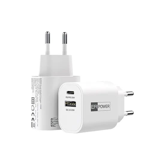 ER POWER Διπλός Φορτιστής GaN USB-C + USB-A, 30W, λευκός